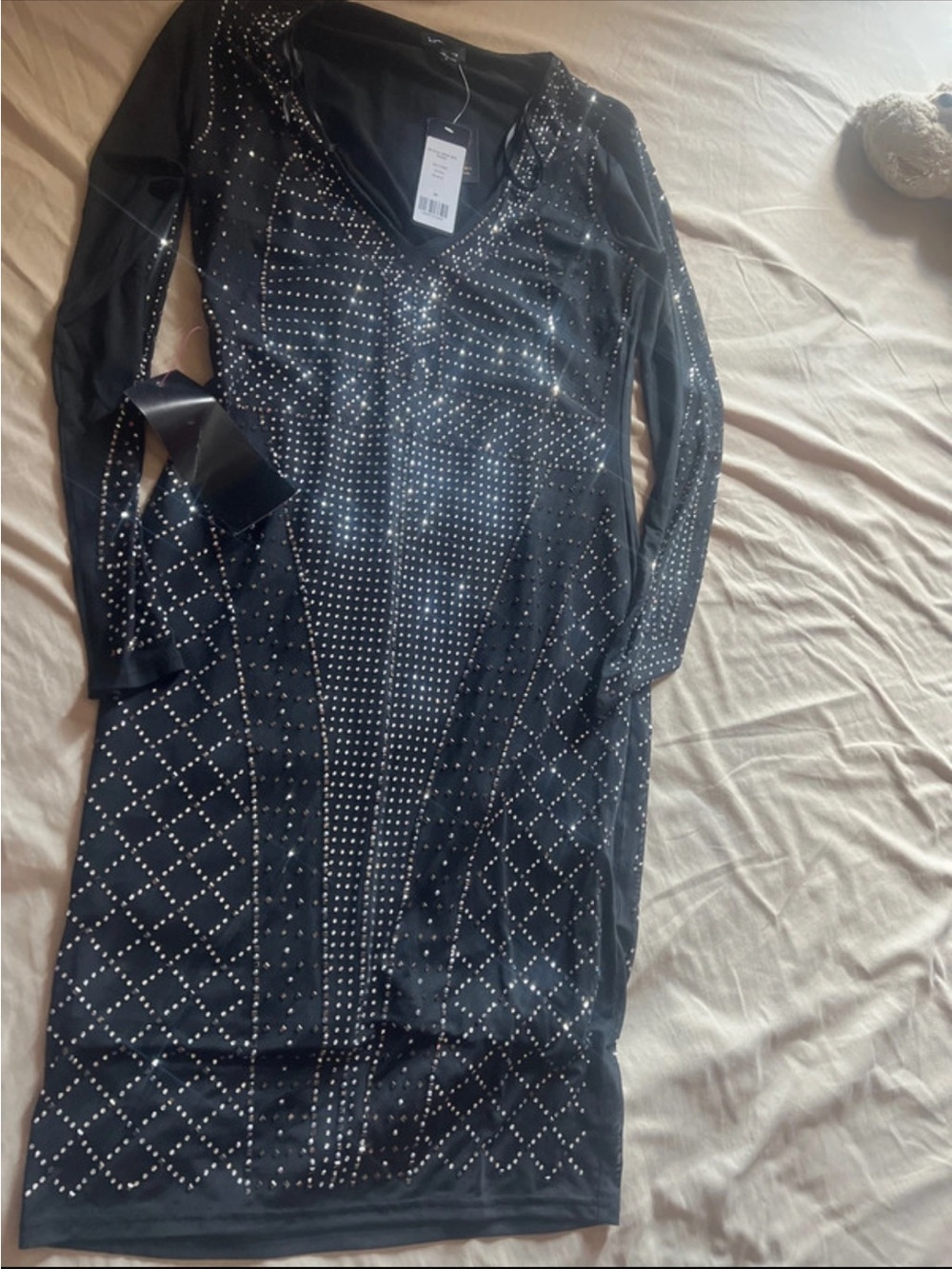 Women's black crystal mesh midi dress - likely a top/tee category